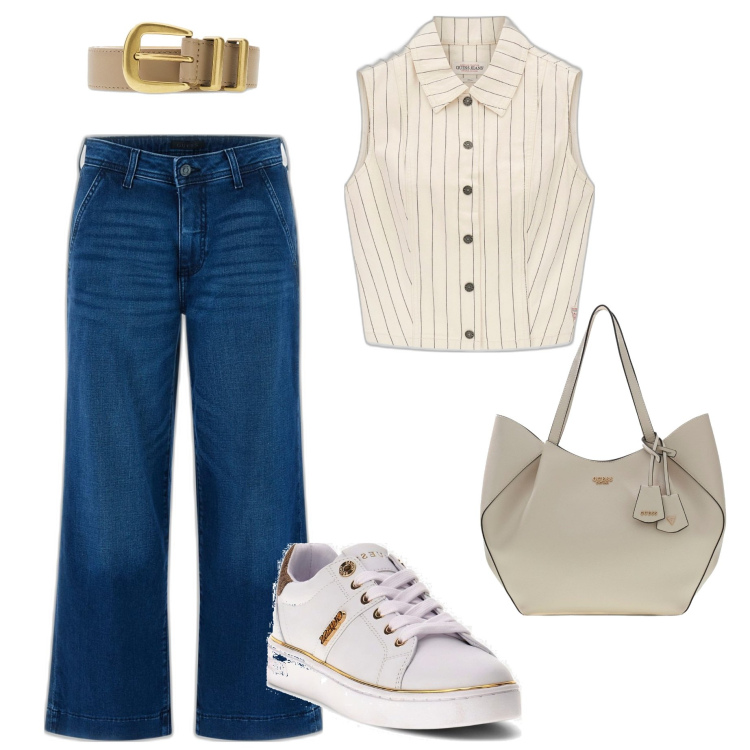 Outfit mujer - Basic. Estilo Casual chic para Todos los días. Combinación con sneakers, cinturones, vaqueros, bolso shopper, camisas.