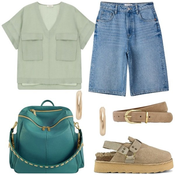 Outfit donna - Total look #2460484. Stile Casual chic per Tutti i giorni. Abbinamento con cinture, bluse, bermuda, zaini, orecchini, sabot.