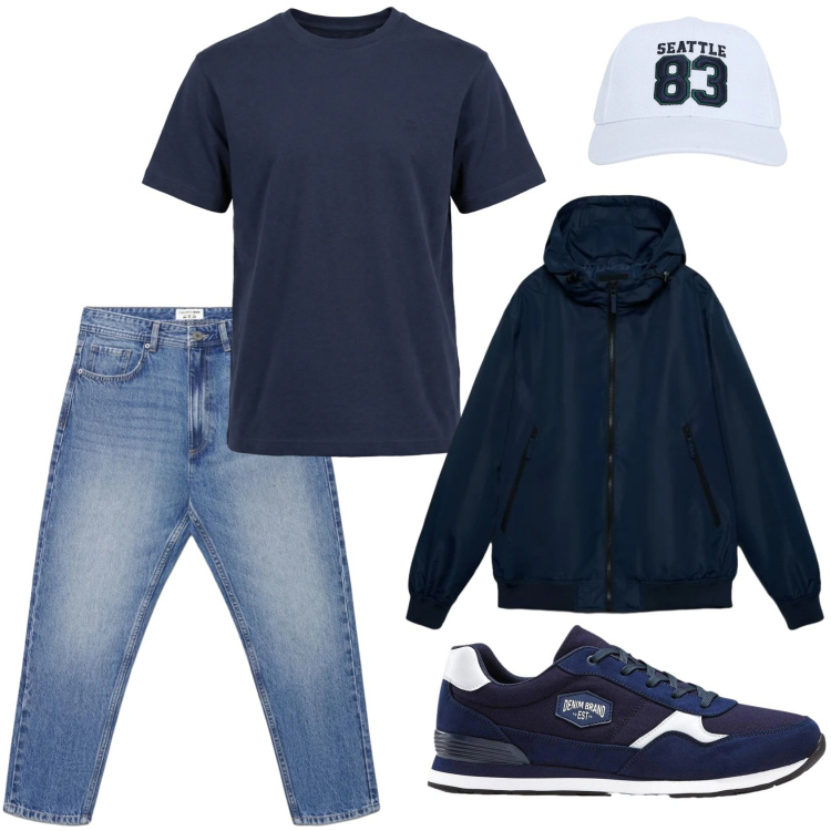 Outfit uomo - Casual blue. Stile Casual per Tutti i giorni. Abbinamento con sneakers, t-shirt, cappelli con visiera, jeans, giacche sportive.
