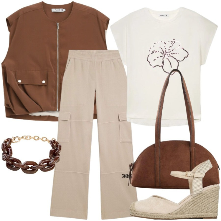 Outfit donna - Total look #2460489. Stile Casual chic per Tutti i giorni. Abbinamento con borse a tracolla, braccialetti, t-shirt, zeppe, gilet, pantaloni cargo.