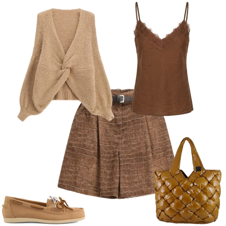 Outfit donna - Casual chic settembre. Stile Casual chic per Scuola/Università. Abbinamento con cardigans, bermuda, borse tote, top, mocassini.