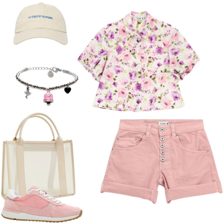 Outfit donna - Total look #2460491. Stile Casual chic per Tutti i giorni. Abbinamento con sneakers, borse tote, cappelli con visiera, camicie a manica corta, shorts, braccialetti.