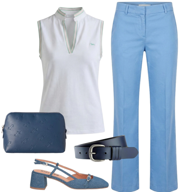 Outfit donna - In mattinata. Stile Casual per Ufficio. Abbinamento con décolleté, cinture, polo, pantaloni, pochette.