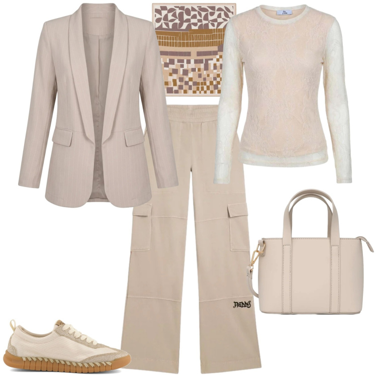Outfit donna - Casual chic settembre. Stile Casual chic per Scuola/Università. Abbinamento con borse a tracolla, maglieria, foulard, pantaloni cargo, blazer, sneakers.
