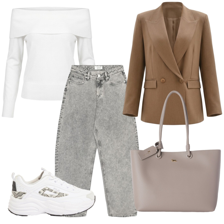 Outfit donna - Sport e Chic. Stile Casual chic per Tutti i giorni. Abbinamento con sneakers, shopping bag, jeans, blazer, t-shirt.