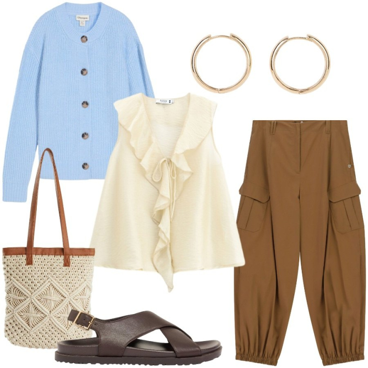 Outfit donna - Total look #2460501. Stile Casual chic per Tutti i giorni. Abbinamento con sandali in pelle, cardigans, orecchini, shopping bag, pantaloni cargo, top.
