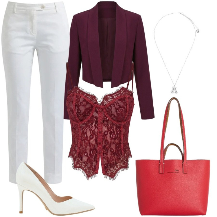 Outfit donna - Total look #2460502. Stile Casual chic per Serata fuori. Abbinamento con pantaloni, shopping bag, top, décolleté, blazer, ciondoli.