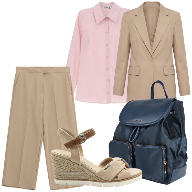 Outfit donna - Agosto per chi lavora. Stile Glamour per Ufficio. Abbinamento con zaini, sandali col tacco, blazer, camicie, pantaloni.
