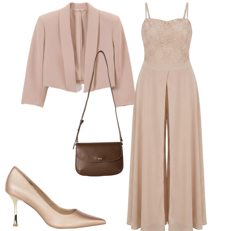 Outfit donna - Cerimonia estiva. Stile Chic per Cerimonia. Abbinamento con borse a tracolla, tute, bolero, décolleté.