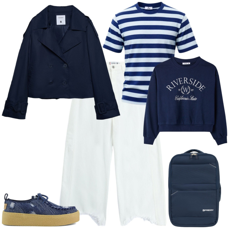 Outfit donna - Casual chic nuova stagione. Stile Casual chic per Scuola/Università. Abbinamento con caban, felpe, t-shirt, pantaloni a palazzo, zaini, scarpe stringate.