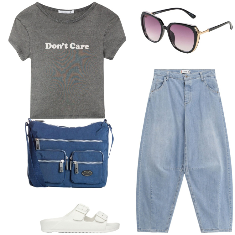 Outfit donna - Total look #2460511. Stile Basic per Tutti i giorni. Abbinamento con occhiali da sole, borse a tracolla, t-shirt, ciabatte, jeans.