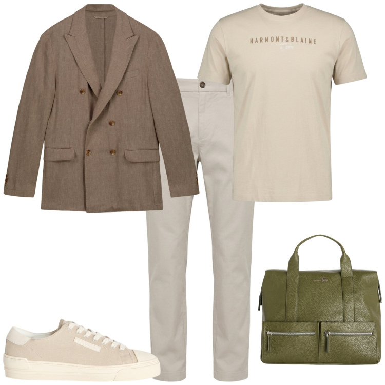 Outfit uomo - Settembre in ufficio. Stile Business/Elegante per Ufficio. Abbinamento con sneakers, borse sportive, pantaloni, t-shirt, giacche.