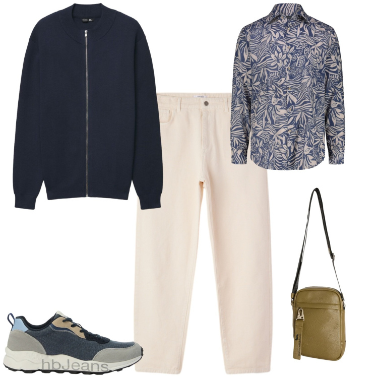 Outfit uomo - Casual ufficio tempo libero. Stile Casual per Ufficio. Abbinamento con borse sportive, sneakers, cardigans, pantaloni, camicie.