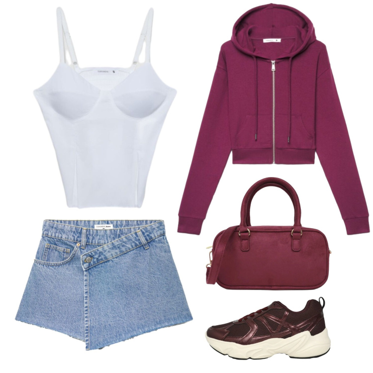 Outfit donna - Infinite Summer. Stile Sporty chic per Tutti i giorni. Abbinamento con minigonne, canottiere, felpe con cappuccio, sneakers, borse a tracolla.