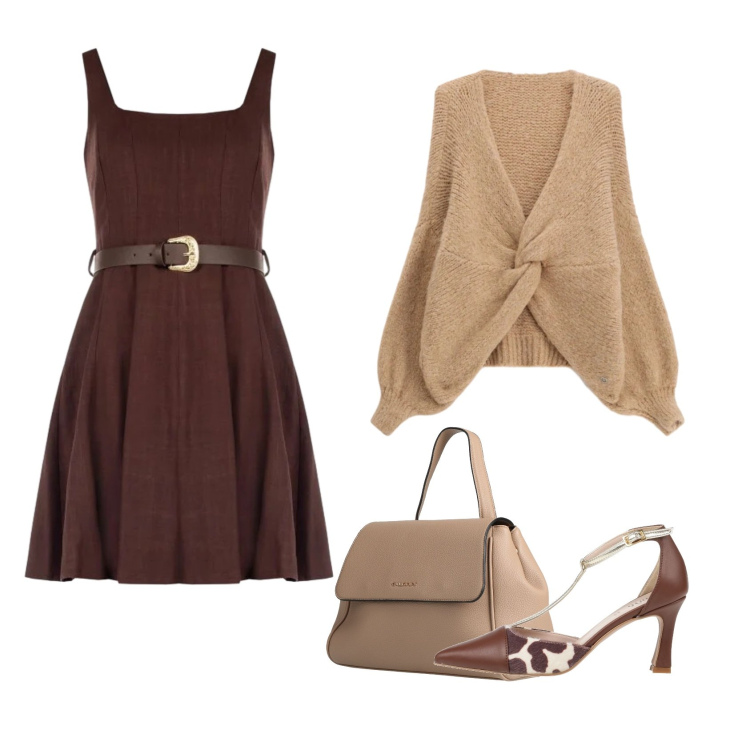 Outfit donna - Serata di fine estate. Stile Casual chic per Serata fuori. Abbinamento con zaini, décolleté, vestiti corti, cardigans.