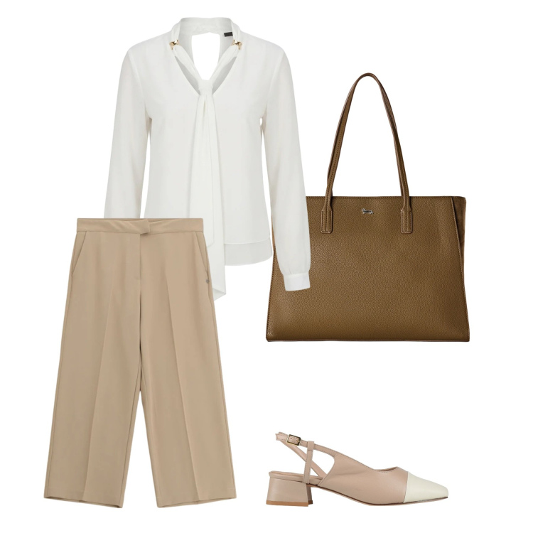 Outfit donna - Minimal Chic. Stile Casual chic per Ufficio. Abbinamento con décolleté, shopping bag, bluse, pantaloni.