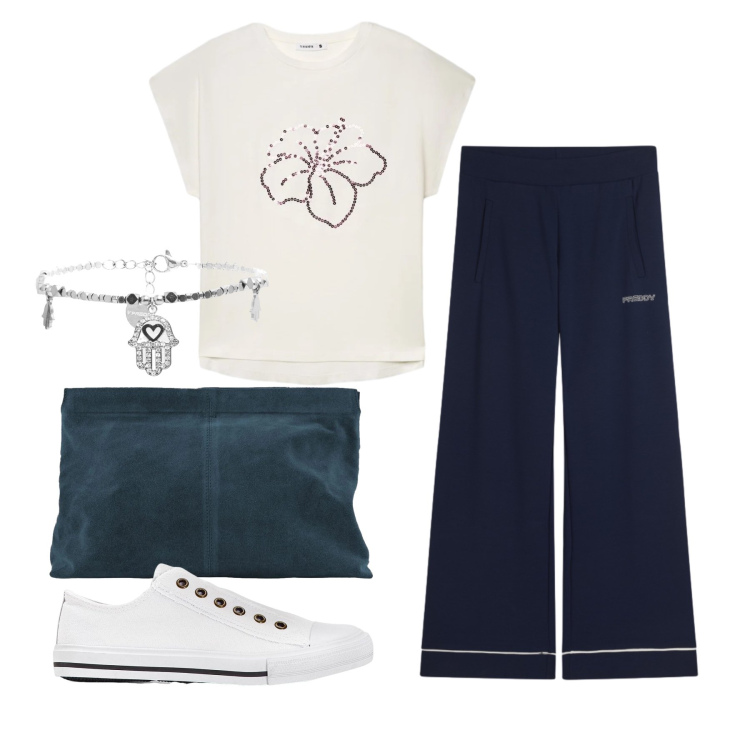Outfit donna - Agosto. Stile Casual chic per Tutti i giorni. Abbinamento con sneakers, pochette, t-shirt, pantaloni, braccialetti.