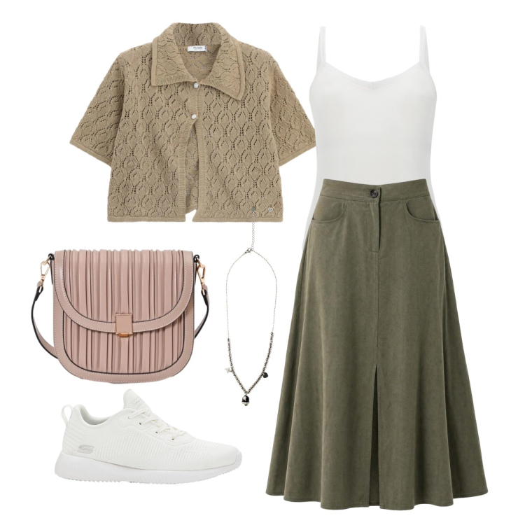 Outfit donna - Agosto. Stile Bon Ton per Tutti i giorni. Abbinamento con sneakers, gonne lunghe, borse a tracolla, maglieria, ciondoli, body.