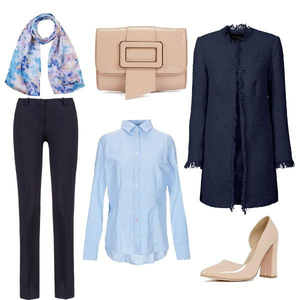 Outfit donna - IN ufficio con la sua camicia. Stile Bon Ton per Ufficio. Abbinamento con blazer, camicia collo classico a maniche lunghe tinta unita, sciarpa fantasia floreale in raso, pantalone in cotone con gancetto, clutch effetto vernice con fibbia in pelle oro, scarpe con tacco alto a punta pianta larga in denim.