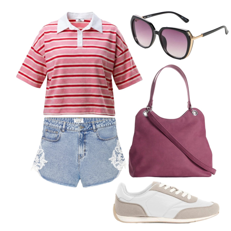 Outfit donna - Agosto. Stile Casual per Tutti i giorni. Abbinamento con occhiali da sole, sneakers, borse a mano, shorts, polo.