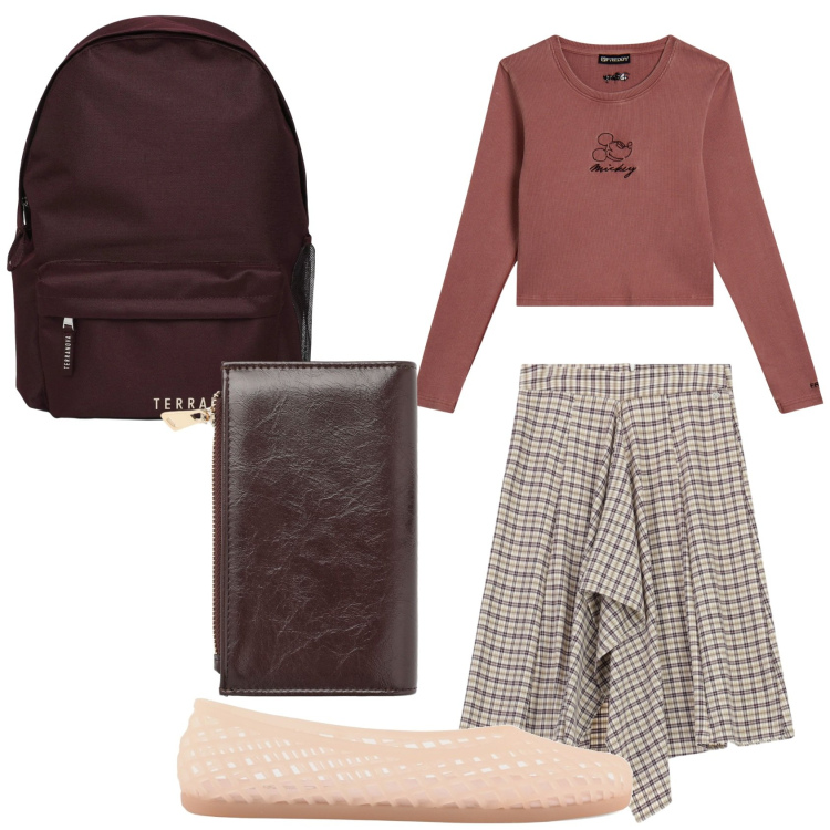 Outfit donna - Preppy style a scuola. Stile Preppy per Scuola/Università. Abbinamento con zaini, portafogli, gonne longuette, t-shirt, ballerine.