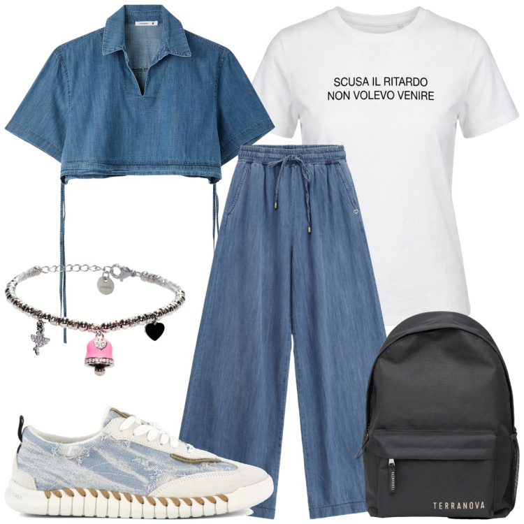 Outfit donna - Ritorno a scuola. Stile Casual chic per Scuola/Università. Abbinamento con camicie a manica corta, zaini, jeans, braccialetti, t-shirt, sneakers.