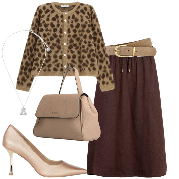 Outfit donna - Animalier. Stile Casual chic per Tutti i giorni. Abbinamento con zaini, gonne lunghe, cinture, décolleté, cardigans, ciondoli.