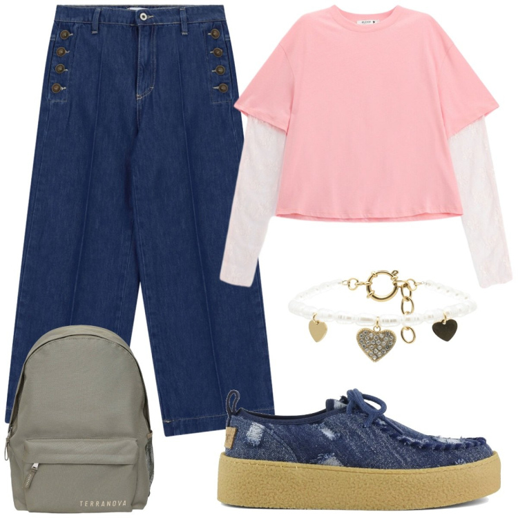 Outfit donna - Ritorno cool. Stile Casual chic per Scuola/Università. Abbinamento con zaini, t-shirt, jeans, braccialetti, scarpe stringate.