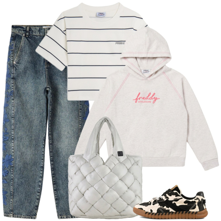 Outfit donna - Con la felpa. Stile Basic per Scuola/Università. Abbinamento con jeans, t-shirt, felpe con cappuccio, borse tote, sneakers.
