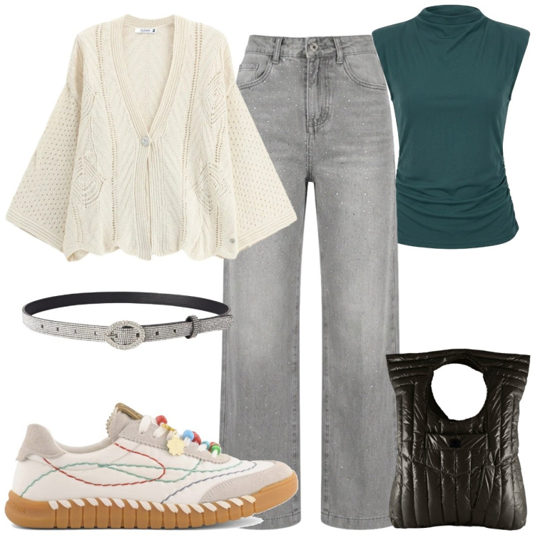 Outfit donna - Inizio stagione. Stile Casual chic per Scuola/Università. Abbinamento con cinture, cardigans, borse a mano, jeans, top, sneakers.
