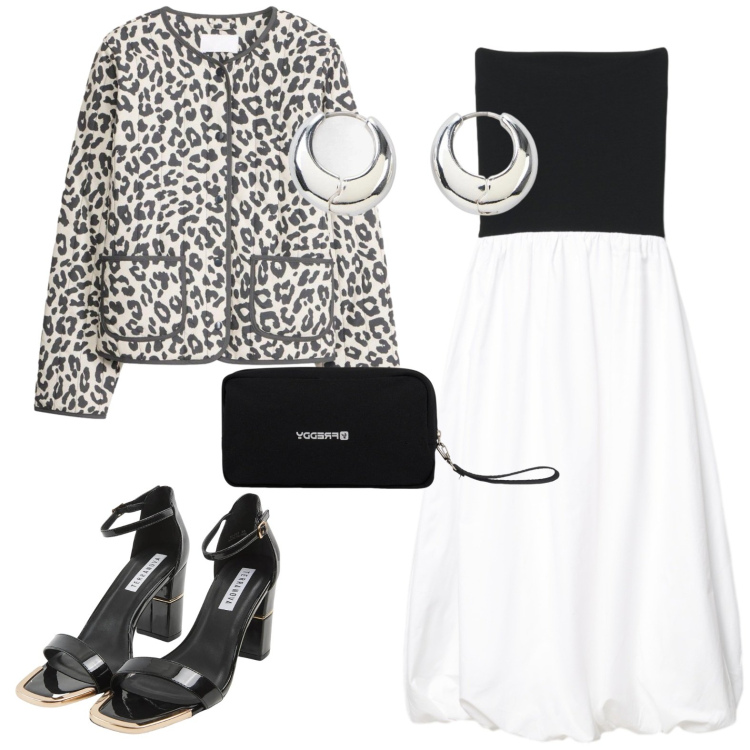 Outfit donna - Animalier. Stile Casual chic per Tutti i giorni. Abbinamento con giacche, orecchini, vestiti midi/longuette, sabot, valigie.