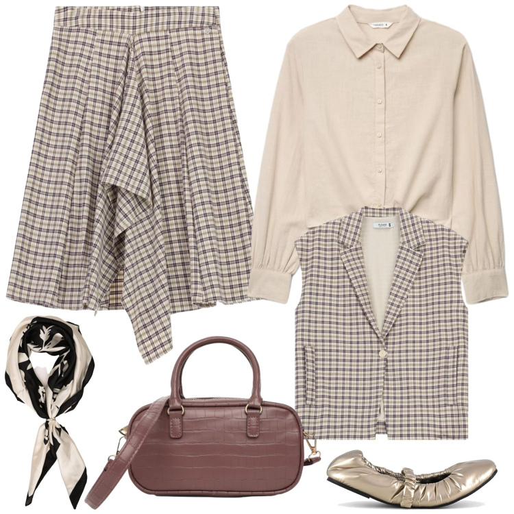 Outfit donna - Delicati quadretti. Stile Preppy per Scuola/Università. Abbinamento con camicie, borse a tracolla, gonne longuette, gilet, foulard, ballerine.