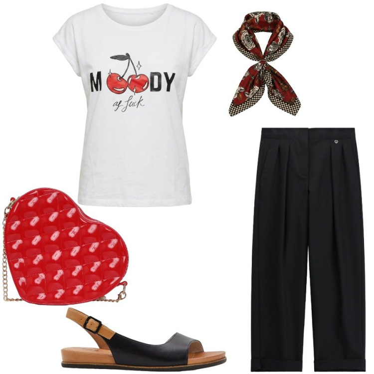 Outfit donna - Total look #2460555. Stile Casual chic per Tutti i giorni. Abbinamento con sandali, borse a tracolla, pantaloni, t-shirt, foulard.