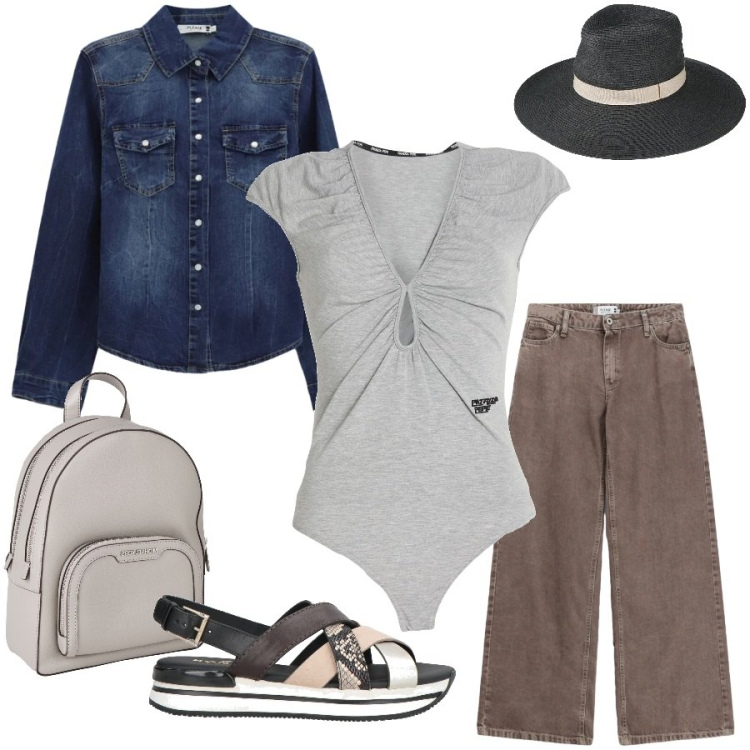 Outfit donna - Total look #2460558. Stile Casual chic per Tutti i giorni. Abbinamento con sandali in pelle, body, zaini, cappelli, jeans dritti, camicie.