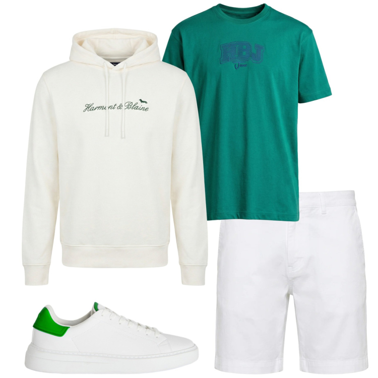 Outfit uomo - Harmont &Blaine. Stile Casual per Tutti i giorni. Abbinamento con felpe con cappuccio, bermuda, sneakers, t-shirt.