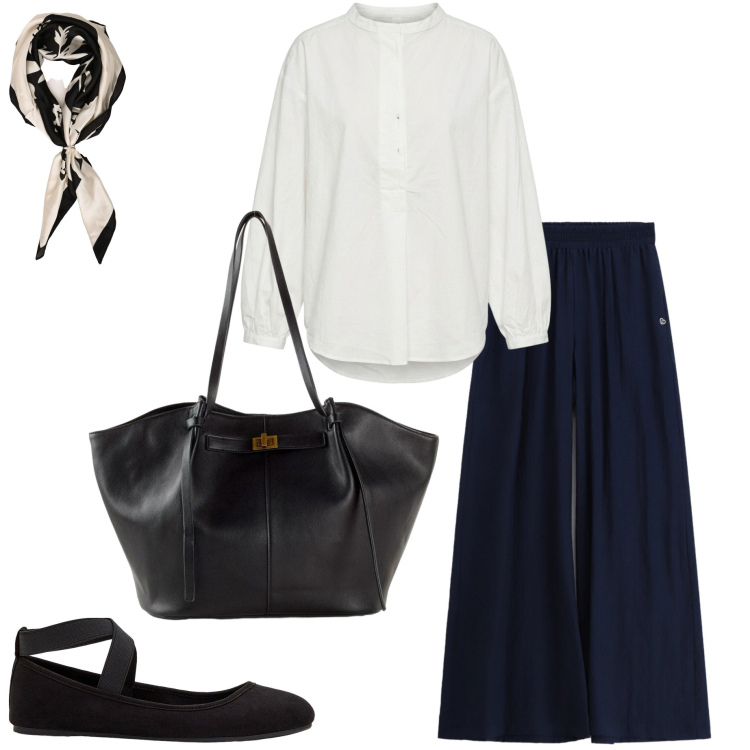 Outfit donna - Camicia bianca. Stile Sporty chic per Tutti i giorni. Abbinamento con ballerine, shopping bag, camicie, pantaloni, foulard.