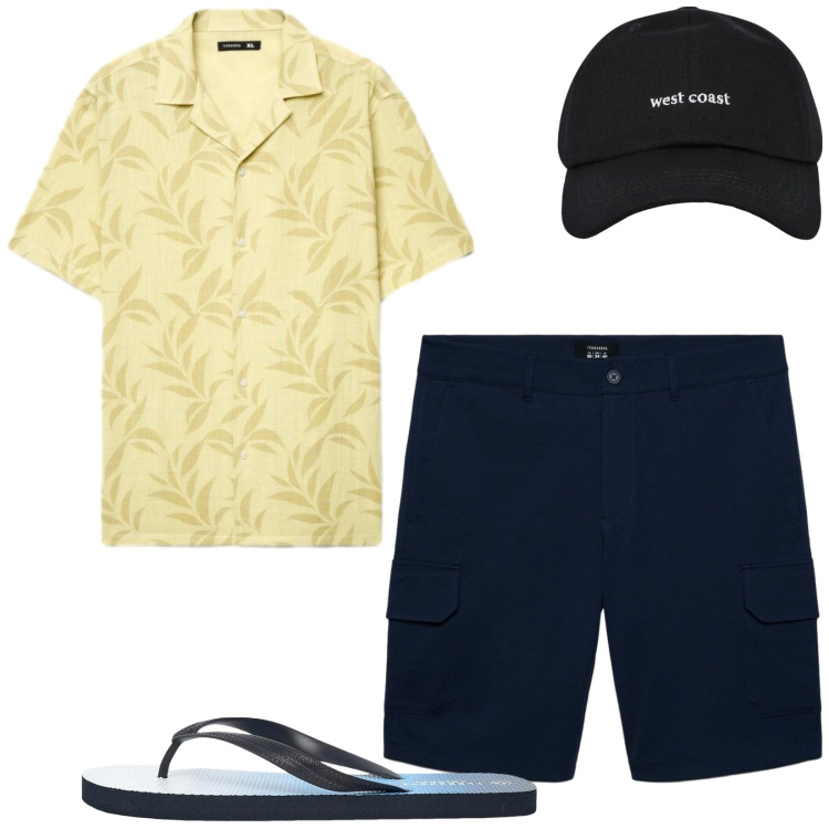 Outfit uomo - Total look #2460568. Stile Casual per Mare. Abbinamento con camicie a manica corta, pantaloni corti, cappelli con visiera, sandali.