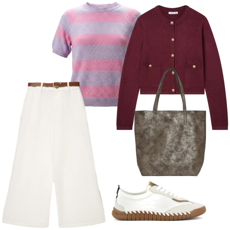 Outfit donna - School. per Scuola/Università. Abbinamento con shopping bag, cardigans, pantaloni a palazzo, maglieria, sneakers.