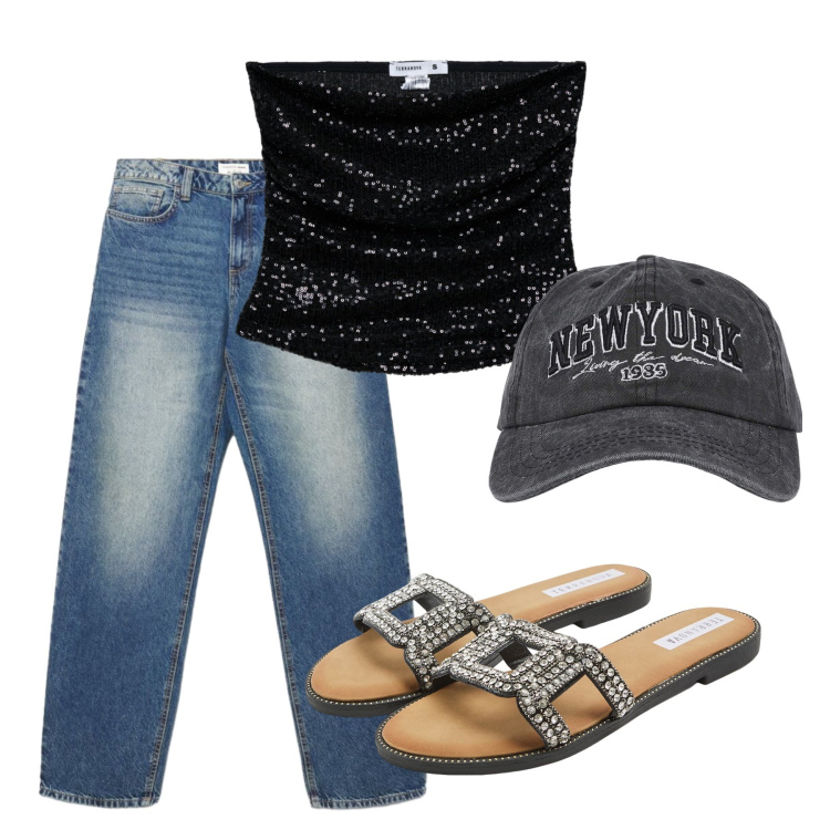 Outfit donna - Total look #2460570. Stile Casual chic per Serata fuori. Abbinamento con jeans, ciabatte, top, cappelli.