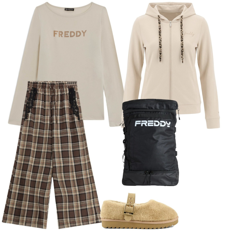 Outfit donna - School. per Scuola/Università. Abbinamento con pantaloni a palazzo, t-shirt, felpe con cappuccio, zaini, ballerine.