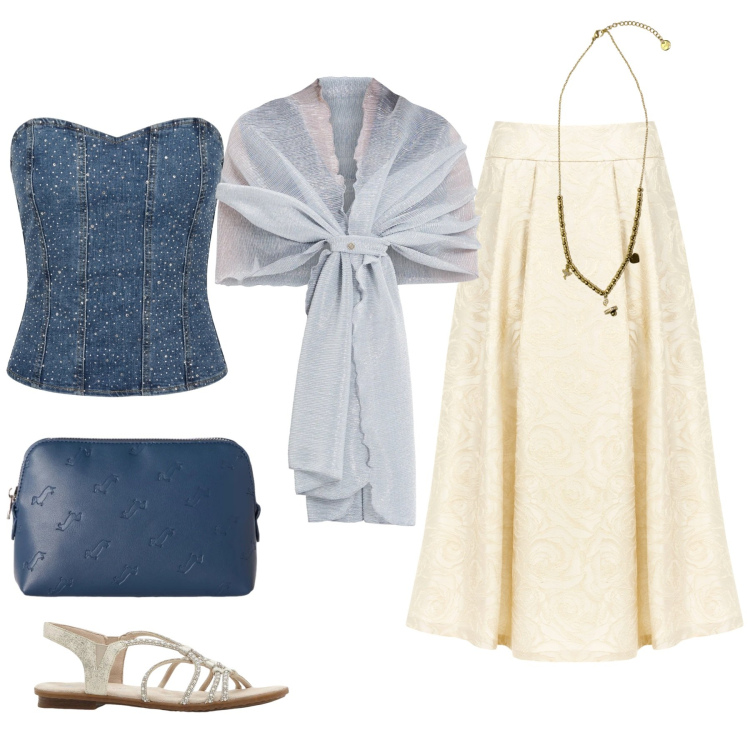 Outfit donna - Serata al mare. Stile Chic per Serata fuori. Abbinamento con pochette, ciondoli, stole, gonne longuette, top, sandali.
