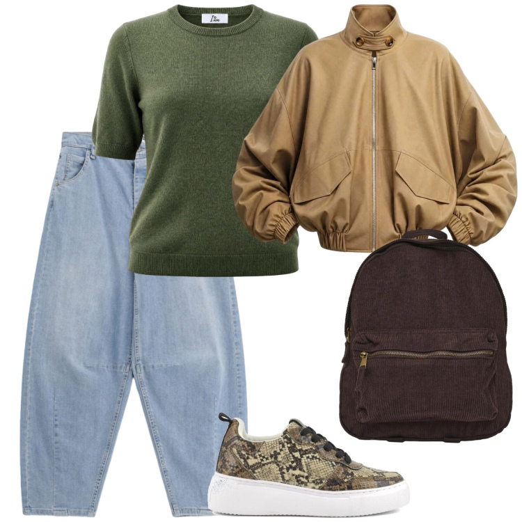Outfit donna - Back to school. per Scuola/Università. Abbinamento con zaini, bomber, maglieria, jeans, sneakers.