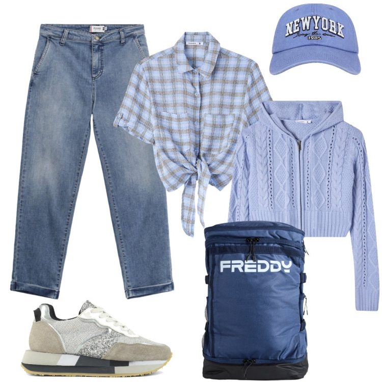 Outfit donna - Cozy and casual. Stile Preppy per Scuola/Università. Abbinamento con cardigans, cappelli, camicie a manica corta, jeans, zaini, sneakers.