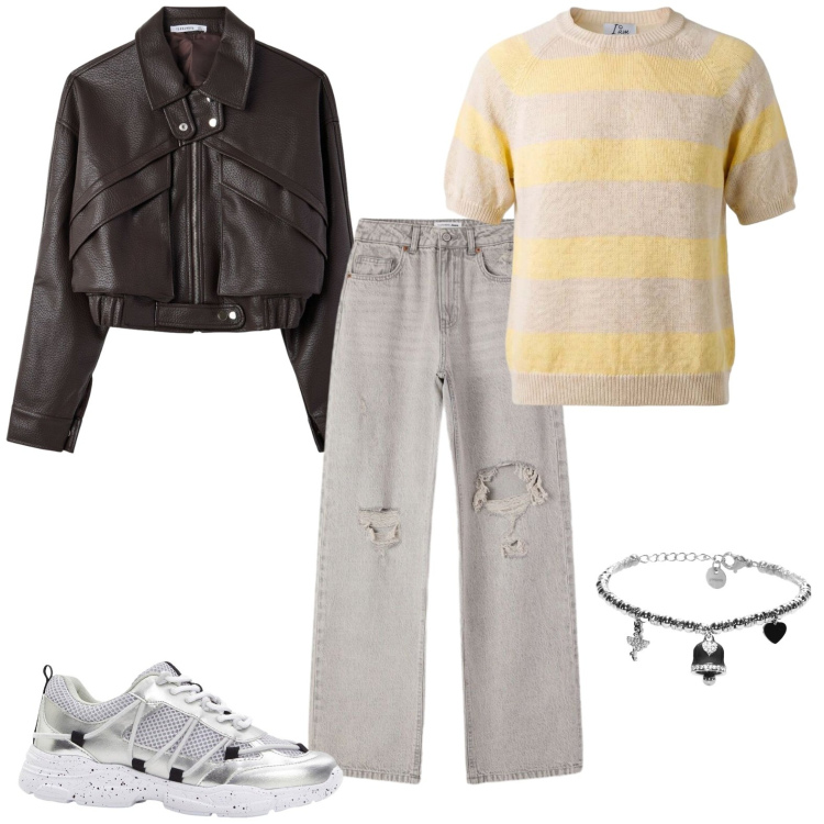 Outfit donna - Prima pioggia. Stile Rock per Tutti i giorni. Abbinamento con sneakers, jeans strappati, bomber, maglieria, braccialetti.
