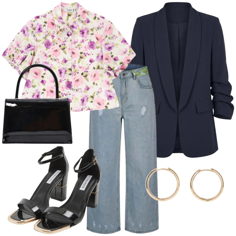 Outfit donna - A lavoro così. per Ufficio. Abbinamento con orecchini, sabot, jeans strappati, borse a mano, camicie a manica corta, blazer.
