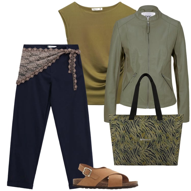 Outfit donna - Ogni giorno. per Tutti i giorni. Abbinamento con sandali in pelle, blazer, top, pantaloni, shopping bag.