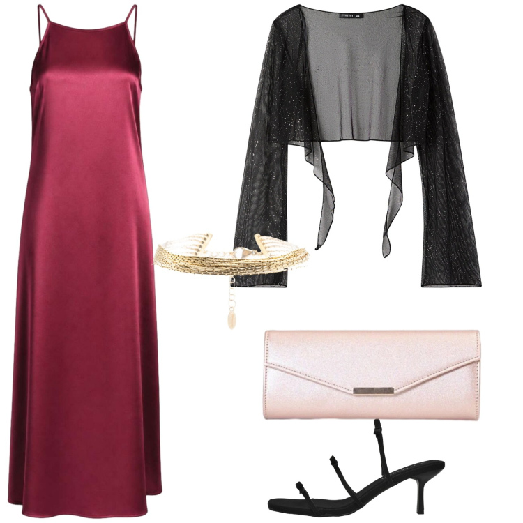 Outfit donna - Feste estive. per Serata fuori. Abbinamento con blazer, sandali col tacco, vestiti lunghi, clutch, braccialetti.