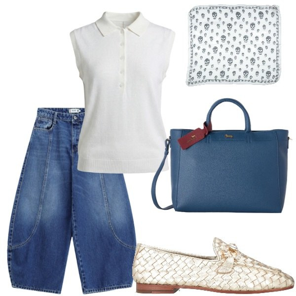 Outfit donna - Pensando a settembre. Stile Casual chic per Tutti i giorni. Abbinamento con mocassini, sciarpe, polo, borse a mano, jeans.
