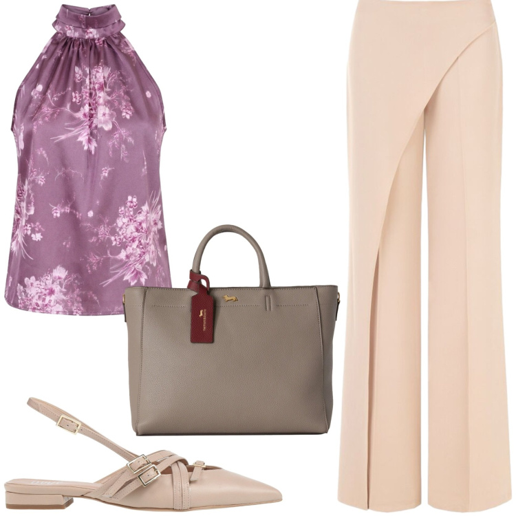 Outfit donna - Riunione aziendale. Stile Chic per Ufficio. Abbinamento con ballerine, borse a mano, pantaloni, top.
