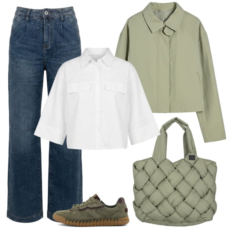 Outfit donna - I jeans con gli strass. Stile Casual per Scuola/Università. Abbinamento con borse tote, bomber, jeans, camicie a manica corta, sneakers.